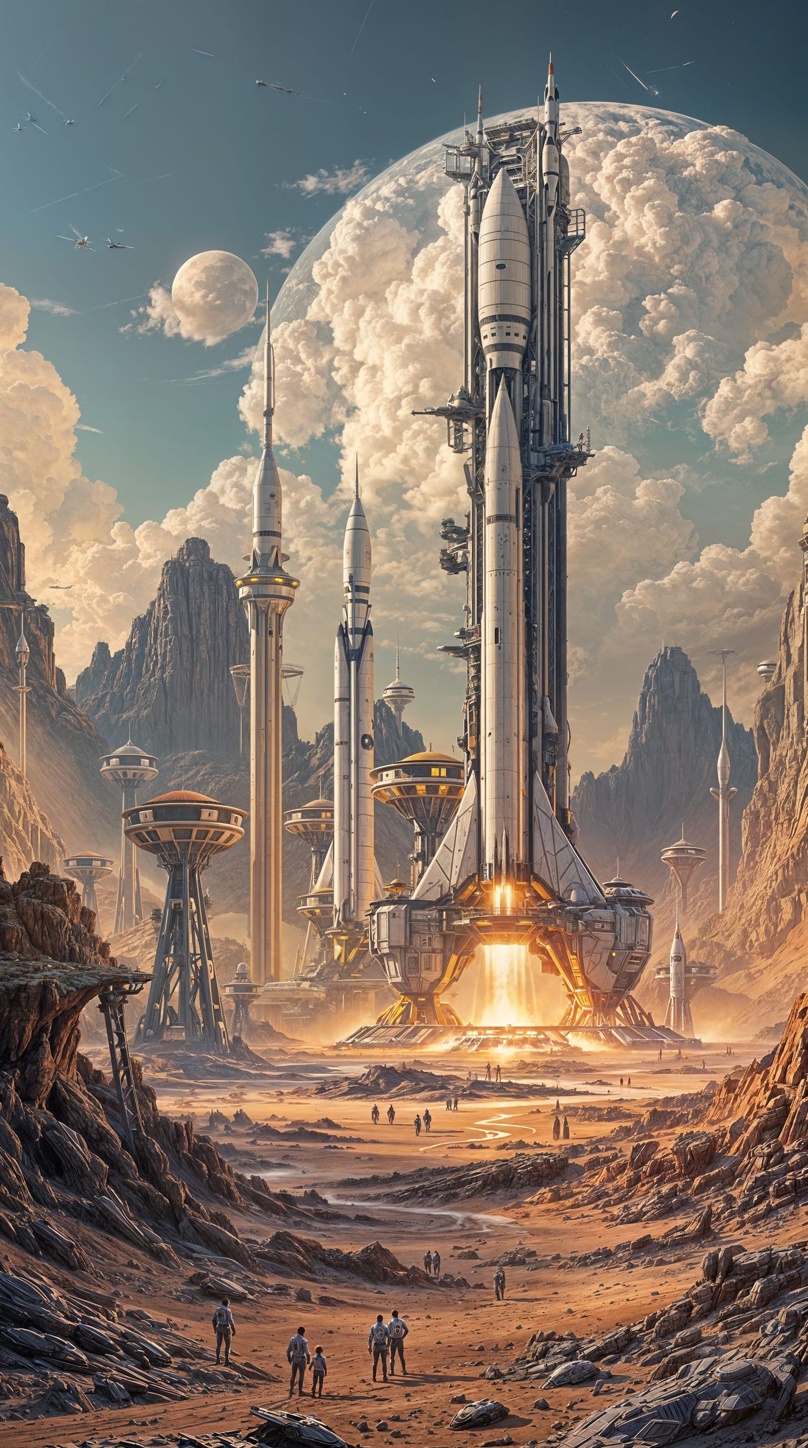 a retro-futuristic rocket launch site on a desolate, alien planet, complete with towering launchpads, lots of sleek rock...