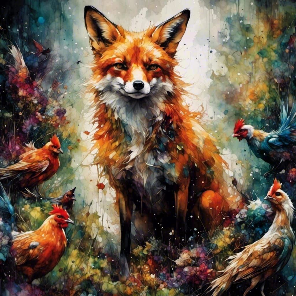 Fox Watching Disturbed Hens: Mixed-Media Artwork