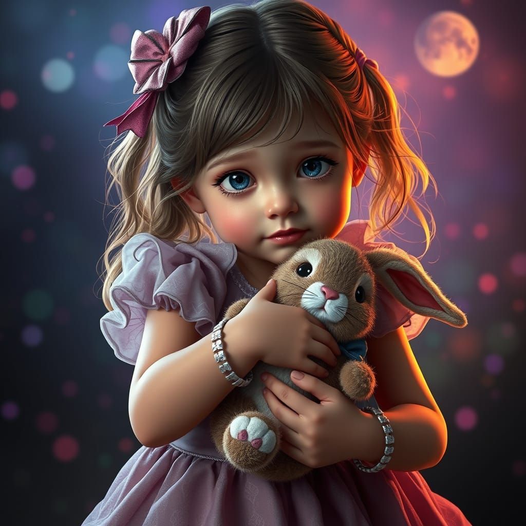 Little Girl Holding Her Stuffed Bunny in a Fantastical Dream...