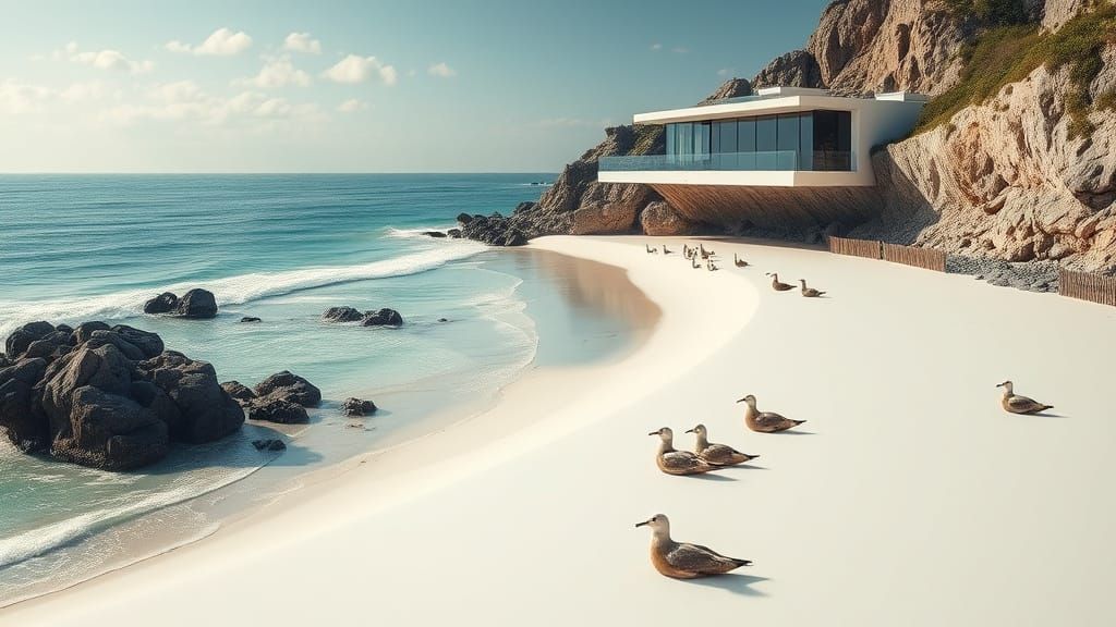 Hyper-Realistic Beach Scene with Modern Cliffside House