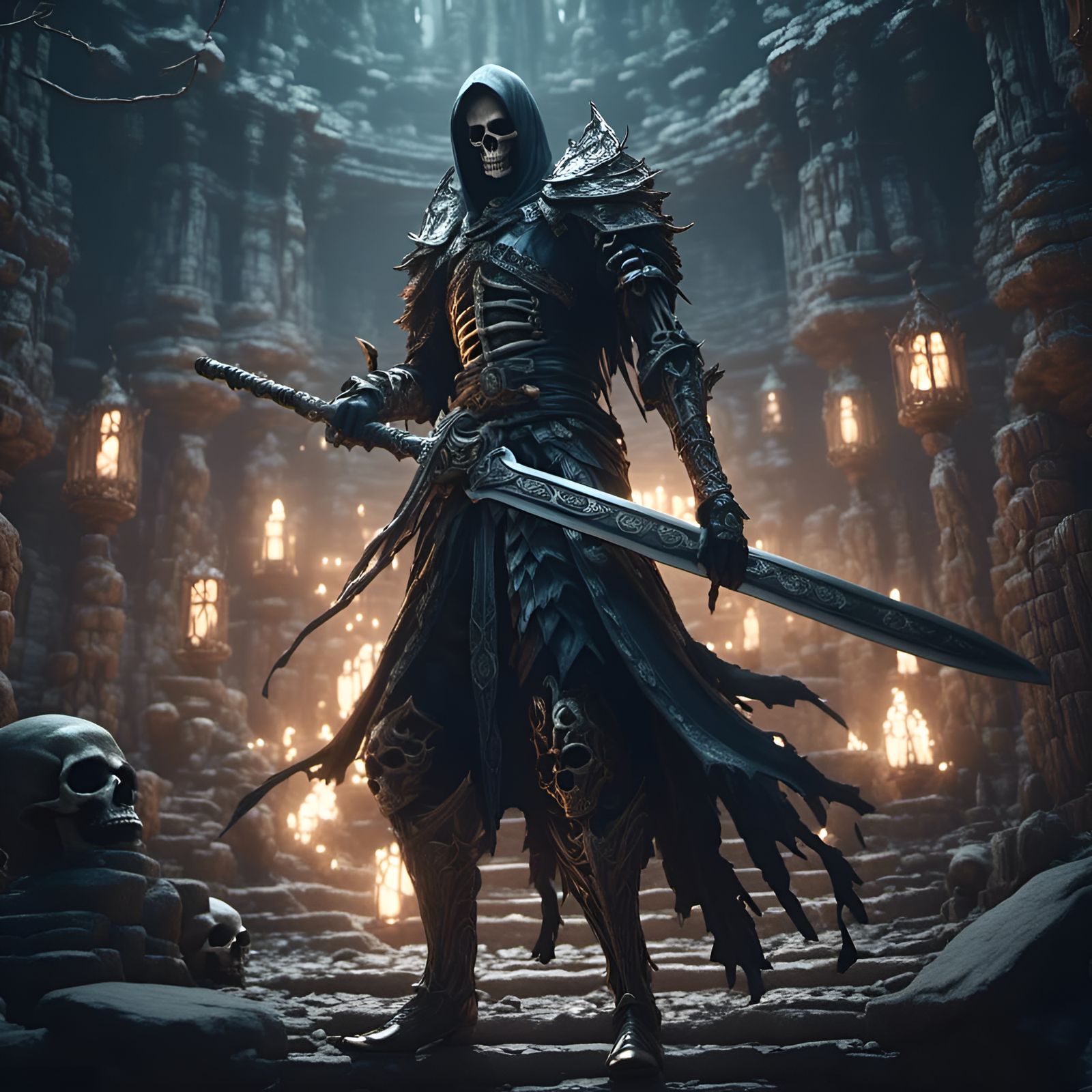 Spirit Warrior with Skeletal Sword in Anime Style