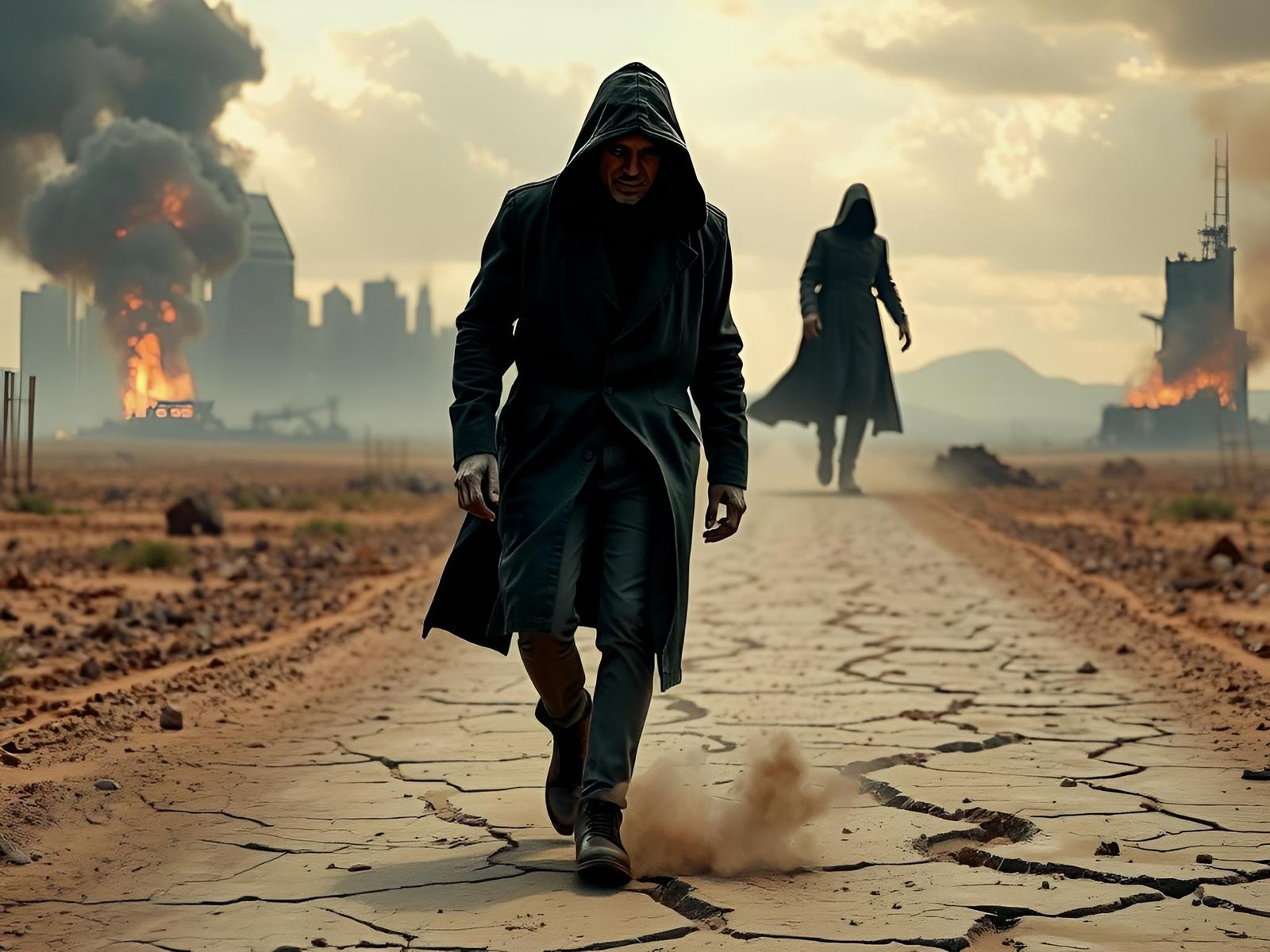 DEAD MAN and Shadowy Figure on deserted road walking away fr...