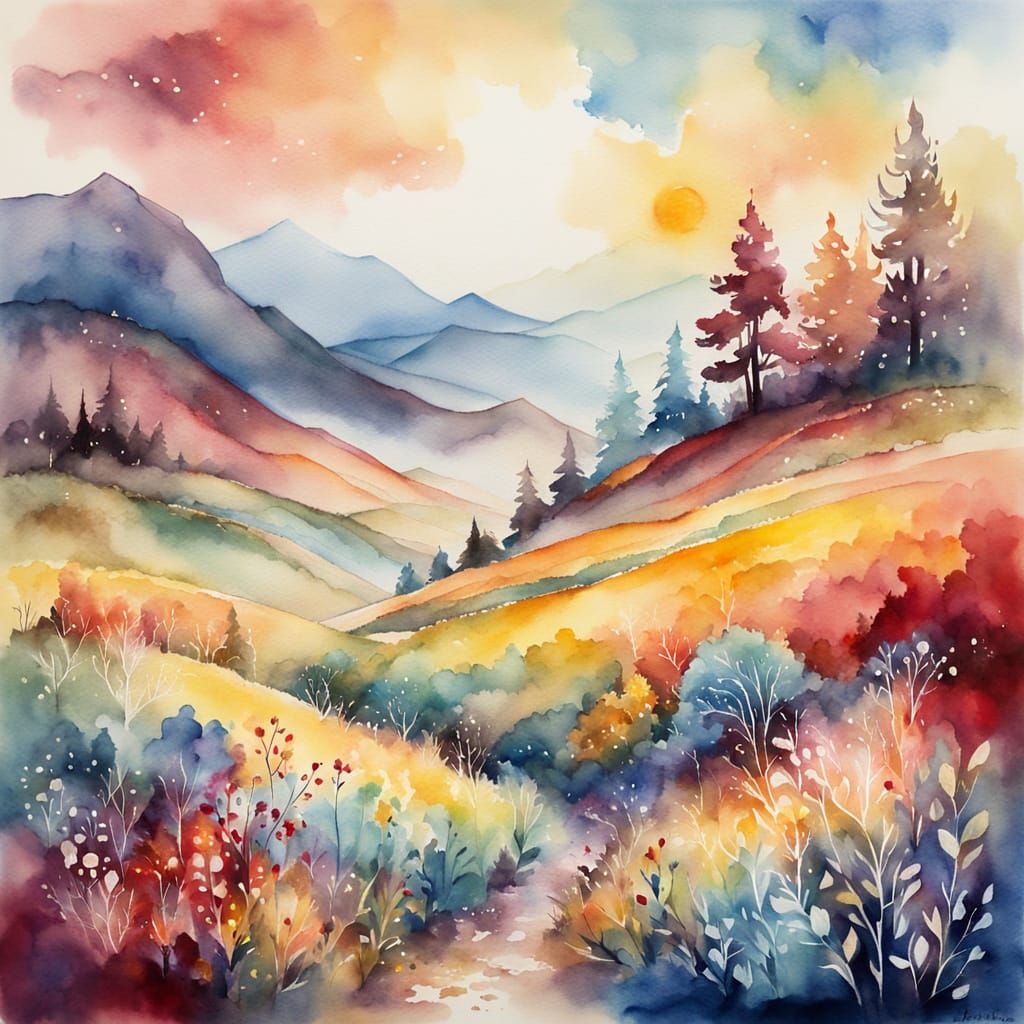 Dreamy Watercolor Landscape with Soft Pastel Colors