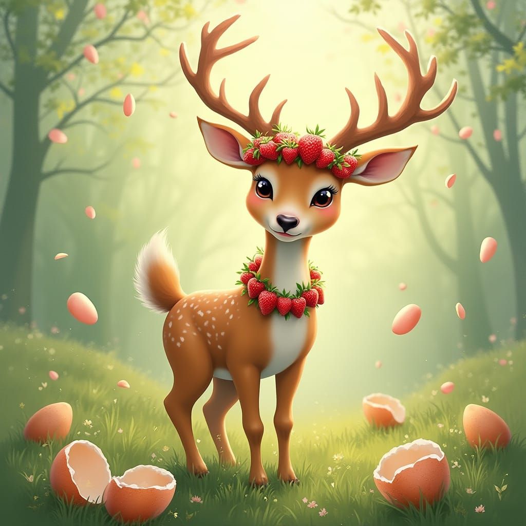 Whimsical Deer in Strawberry Meadow with Broken Eggshells