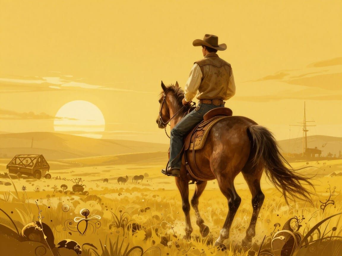 Monochromatic Cowboy Sunset Splash Screen Art