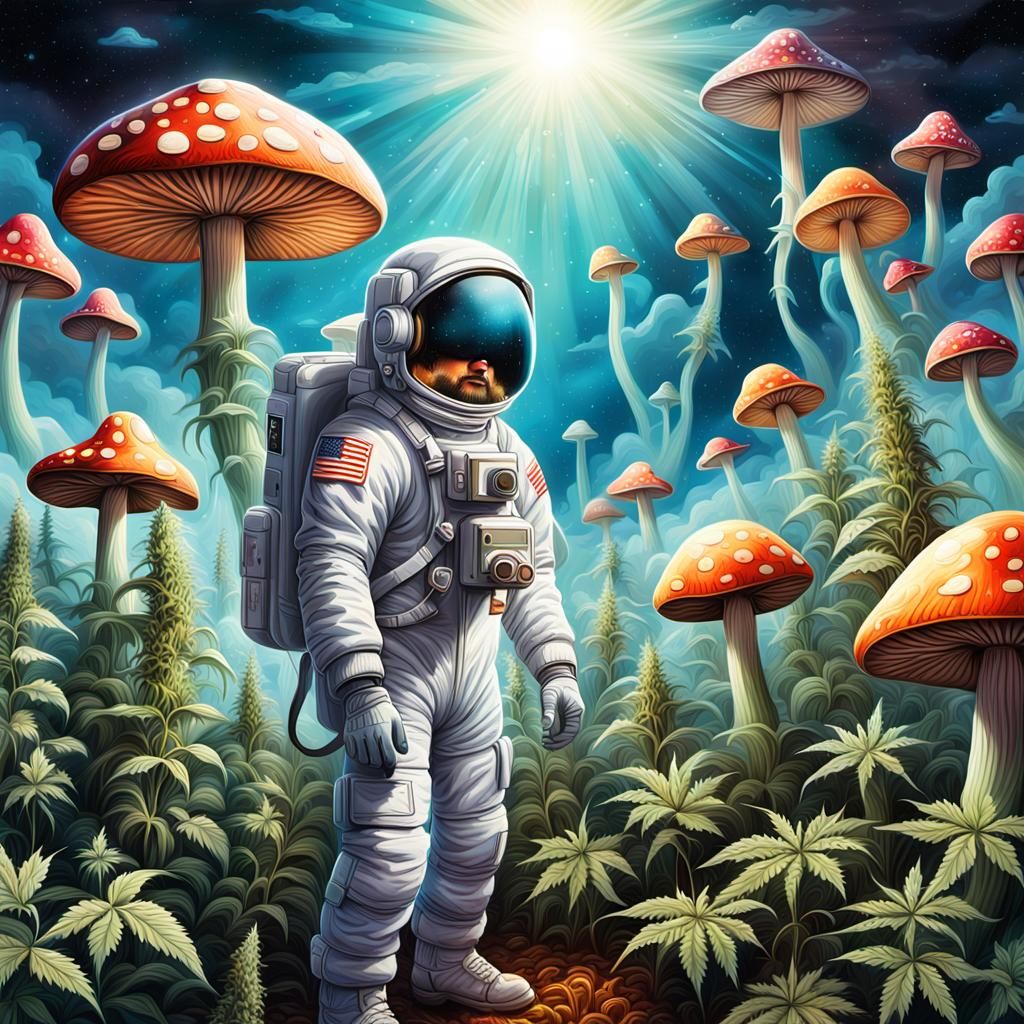 Psychedelic Astronaut in Mushroom Field: Surreal Painting