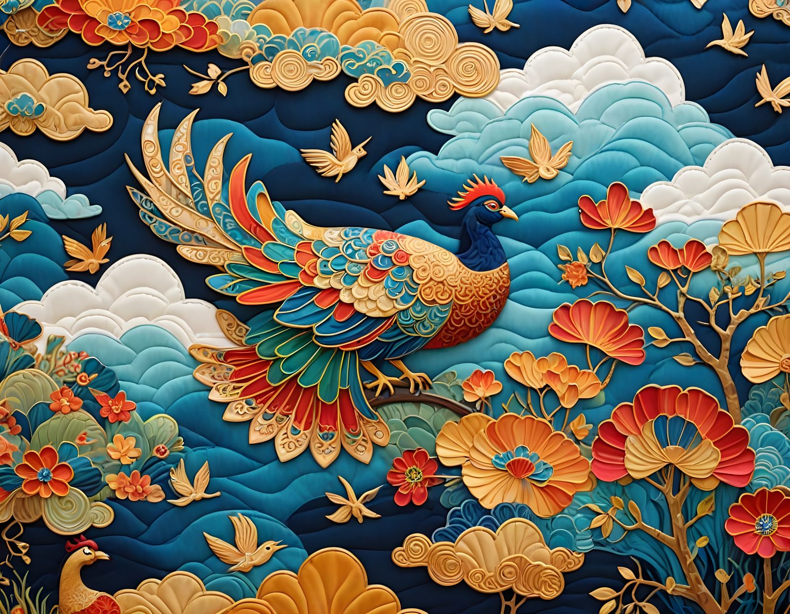 Majestic Fenghuang Fabric Tapestry in Vibrant Colors