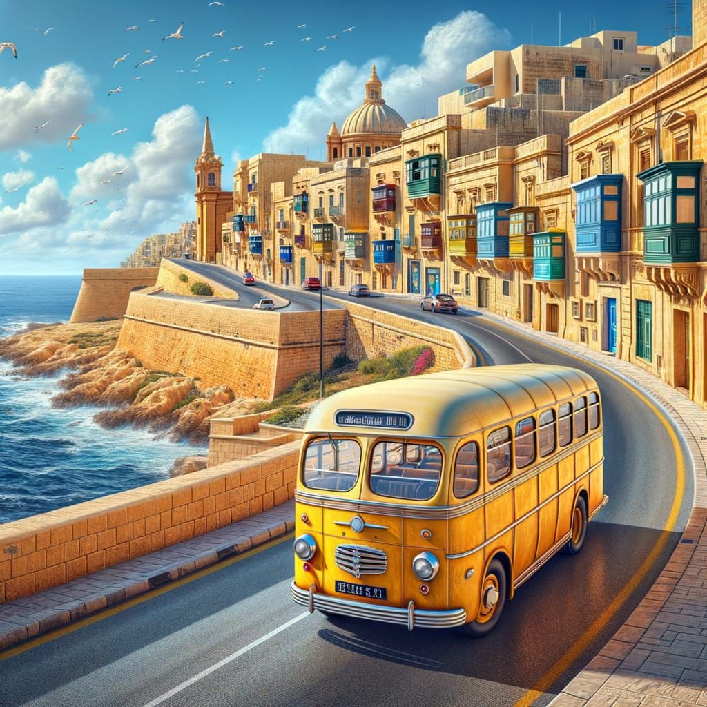 A yellow bus from Malta driving around Malta.