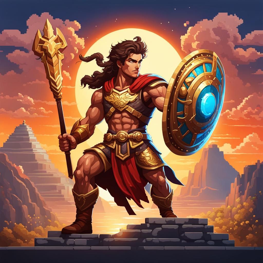 Young Hero in Mythology Video Game: Pixel Art