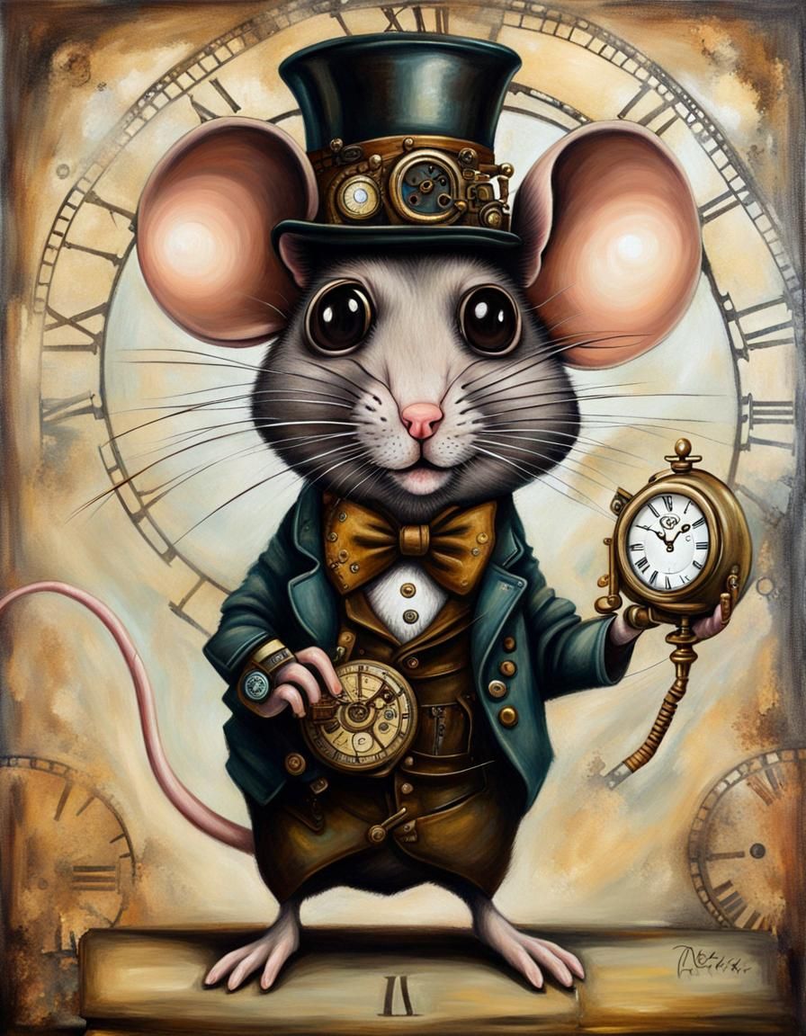 Steampunk Mouse with Clock Monocle Acrylic Painting