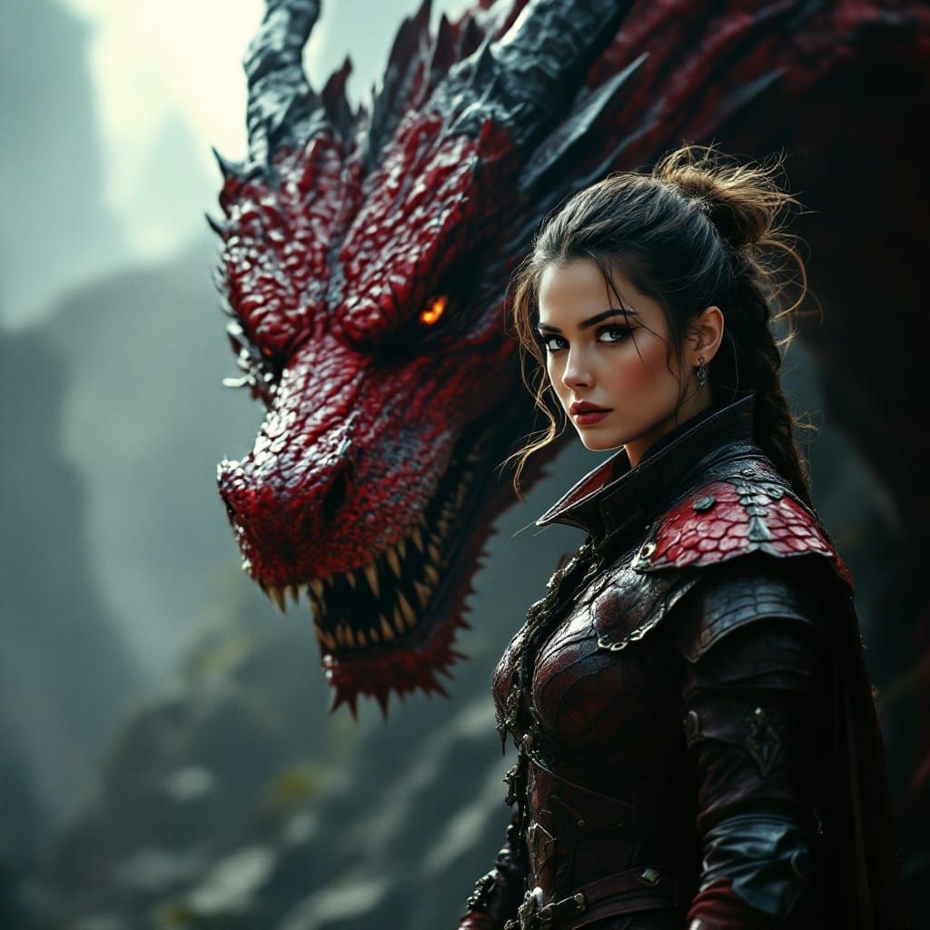 Woman Dragon Rider with Fierce Red Dragon Bodyguard