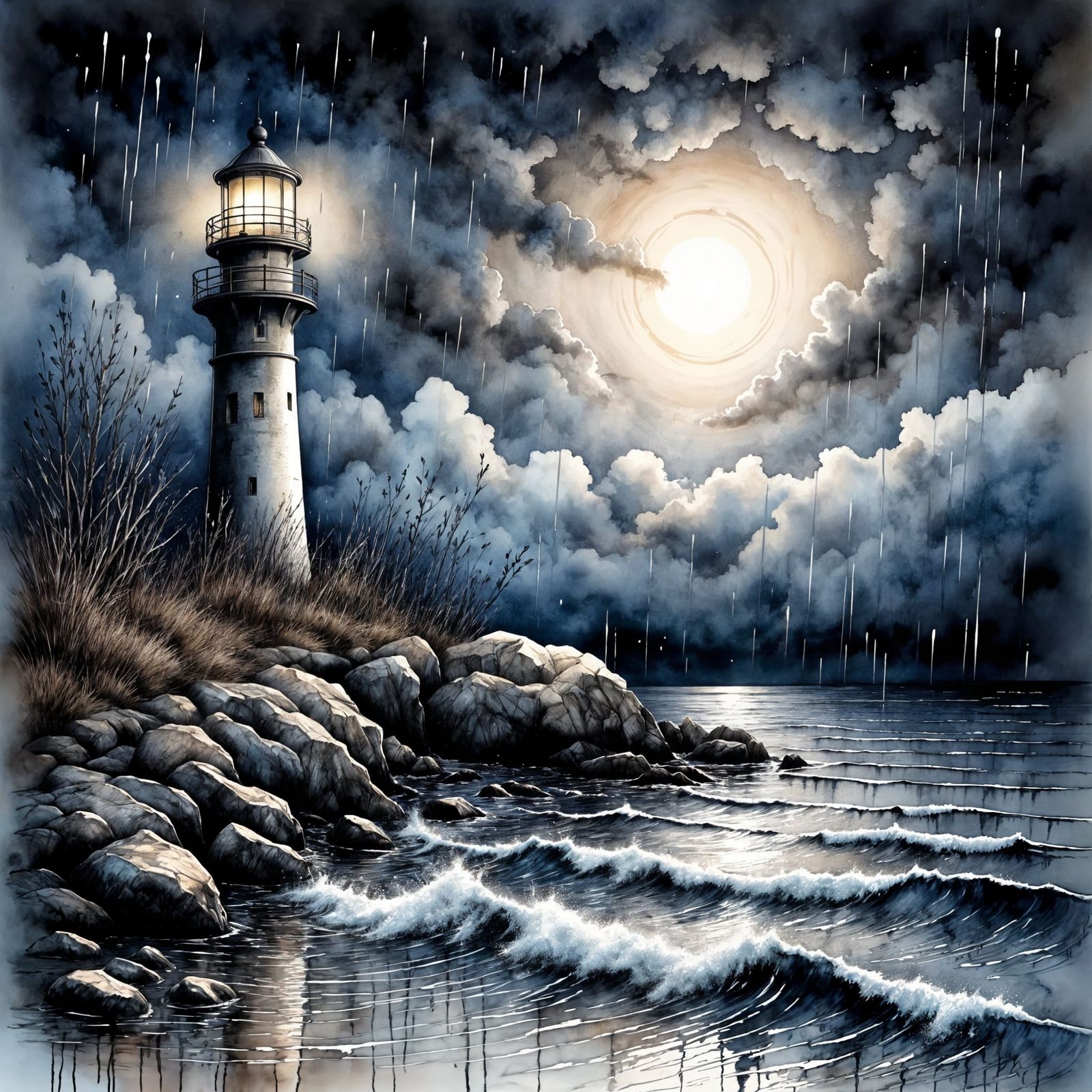 Midnight Lighthouse Radiates Hope in the Storm