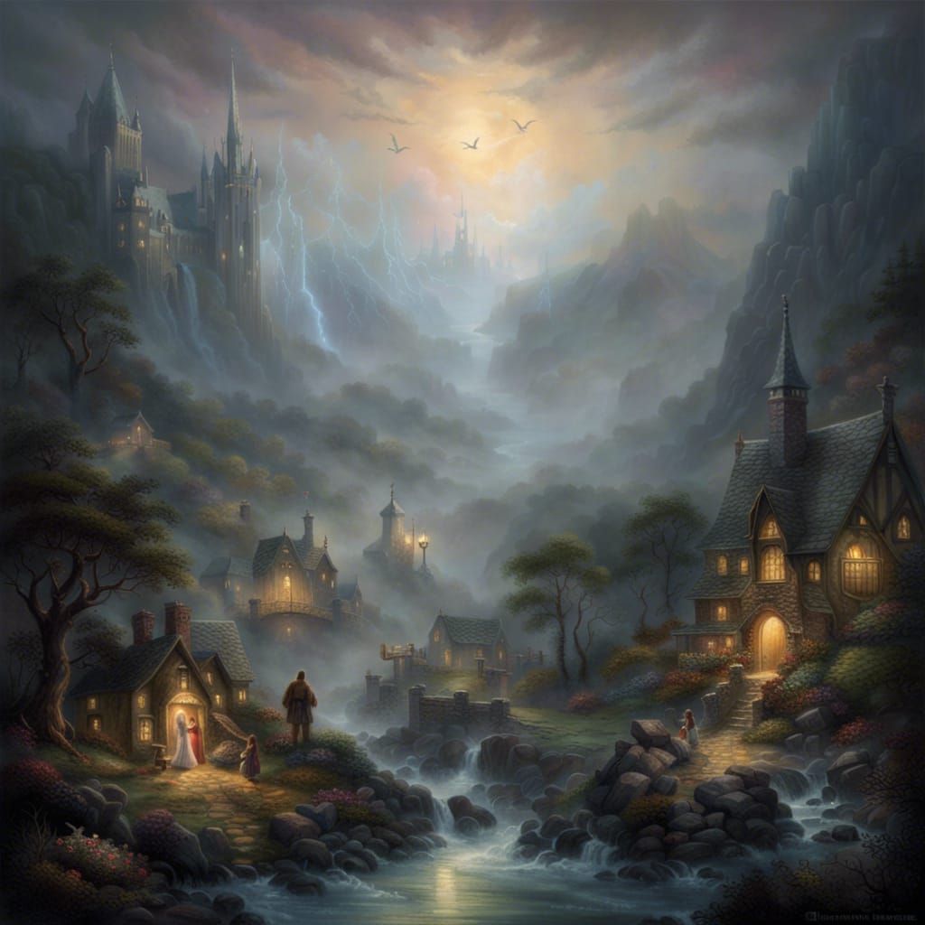 Ethereal Maiden in Misty Mordor, Kinkade Style