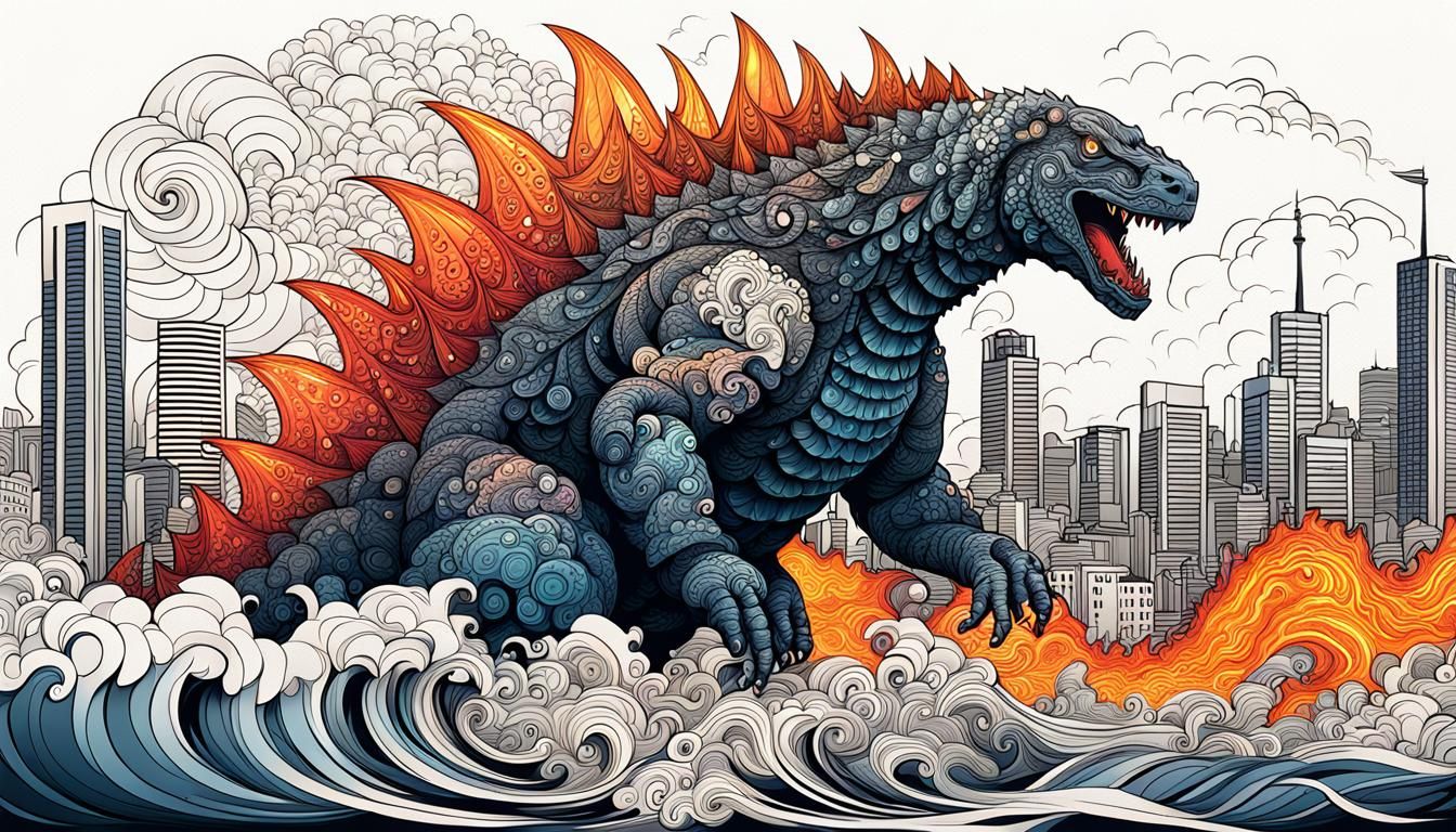 Godzilla Destroys Tokyo in Colourful Zentangle Style