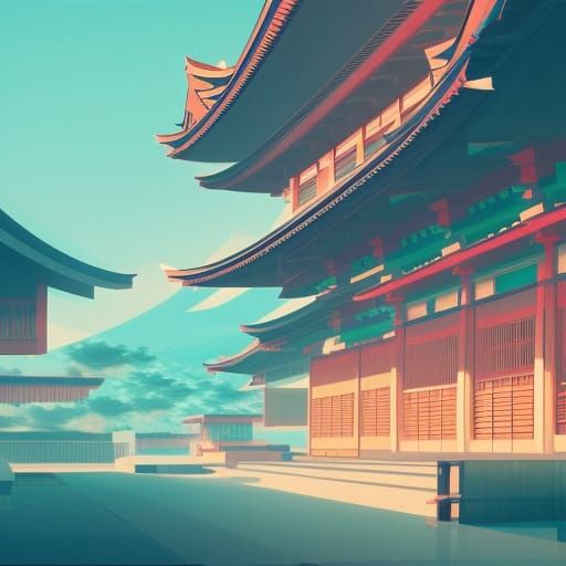 Psychedelic Japanese Architecture in Digital Art Style