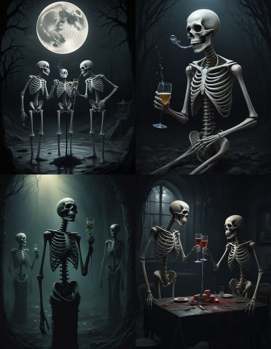 Dystopian Skeletons Enjoy Champagne in Tim Burton Style Post...