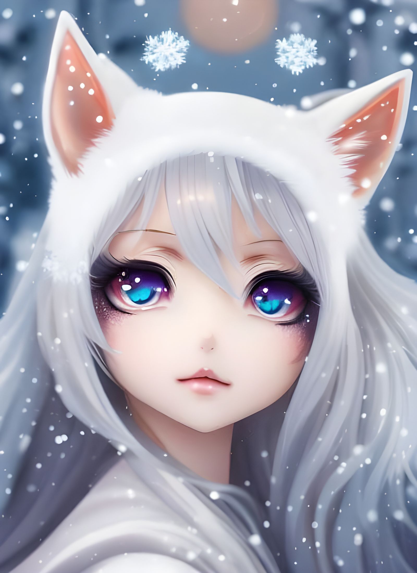 Mystical White Fox Girl in Snowy Winter Scene
