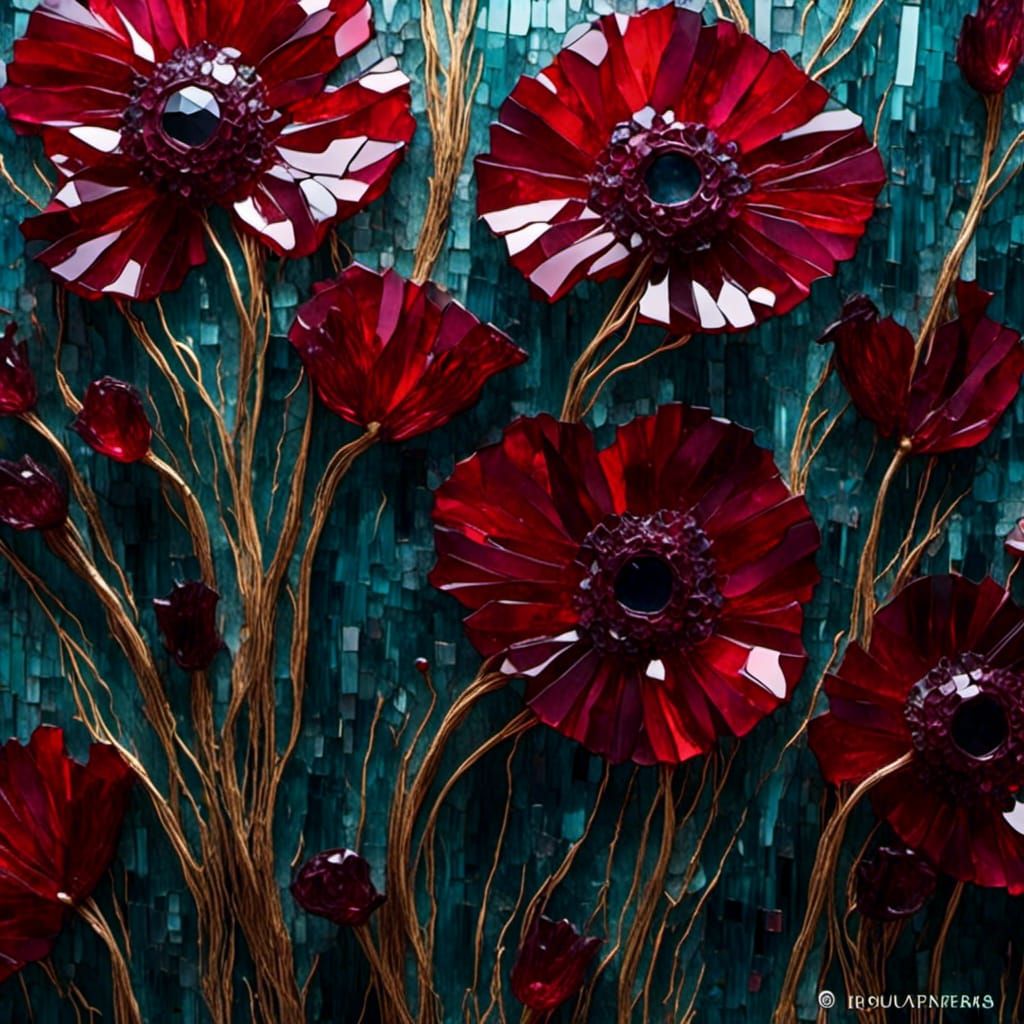 Glass Mosaic Poppies in Burgundy and Aurora