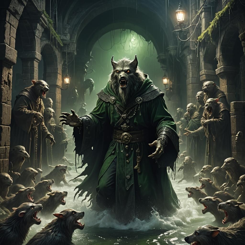 Werewolf Priest Preaching to Rats in Sewer: Dark Fantasy Art