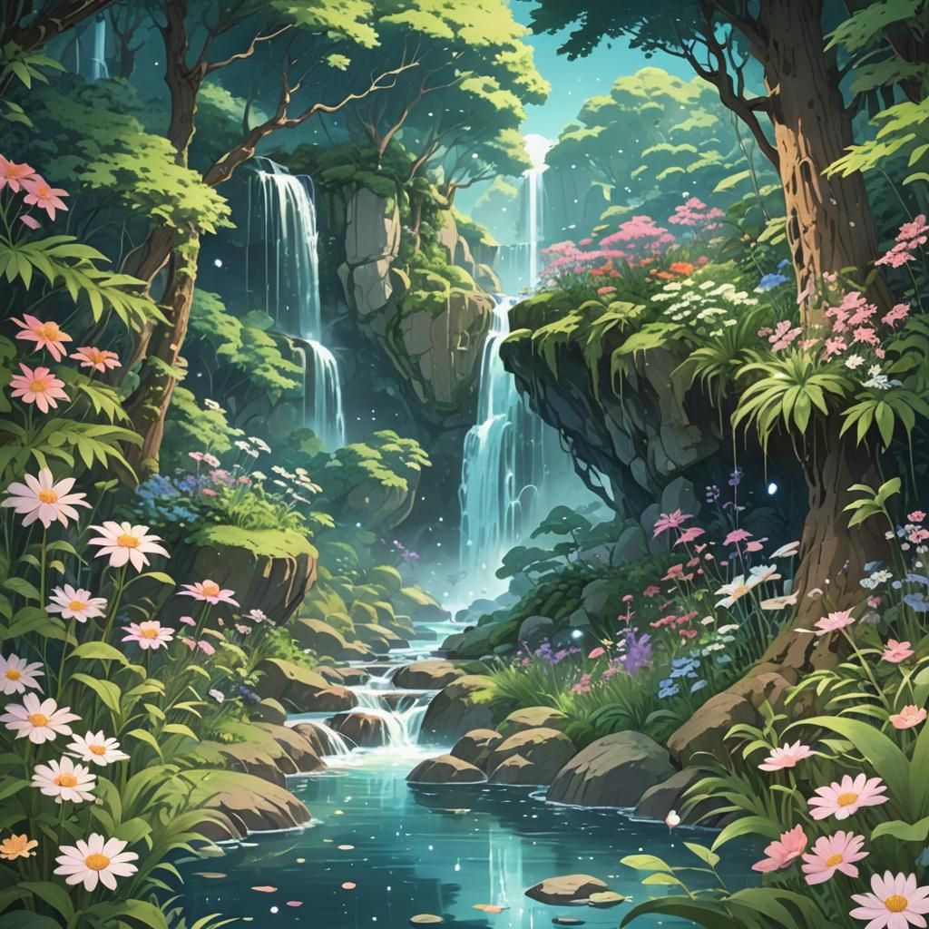 Anime Nature Wallpaper: Ghibli-Inspired Waterfall Scene