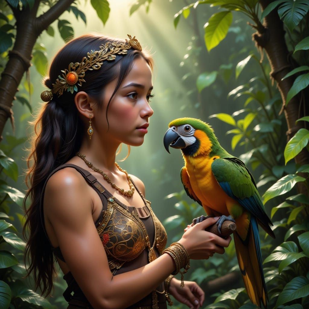 Young Mayan Girl Feeds Exotic Macaws