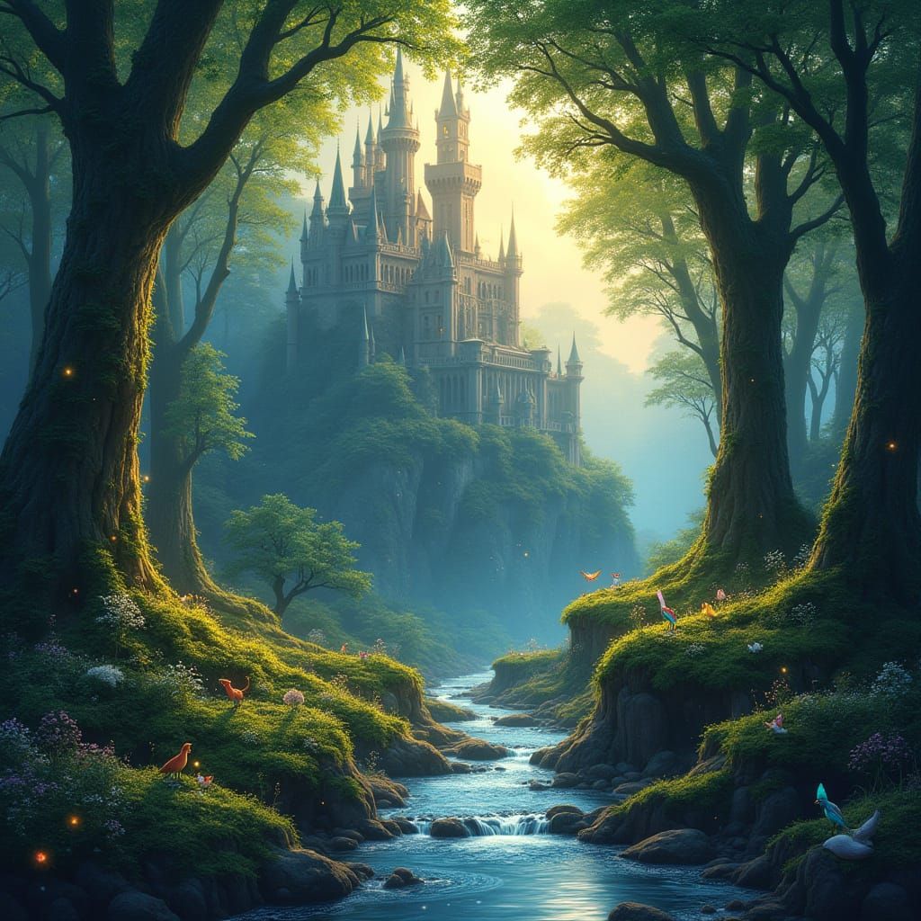 Enchanted Forest Kingdom Dreamscape with Castle and Wildlife