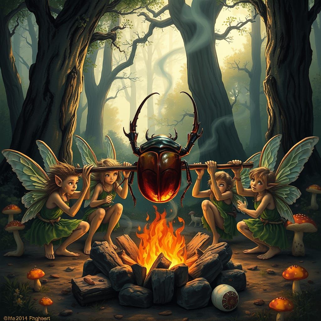 A group of aboriginal pixies making a roast out of giant bee...