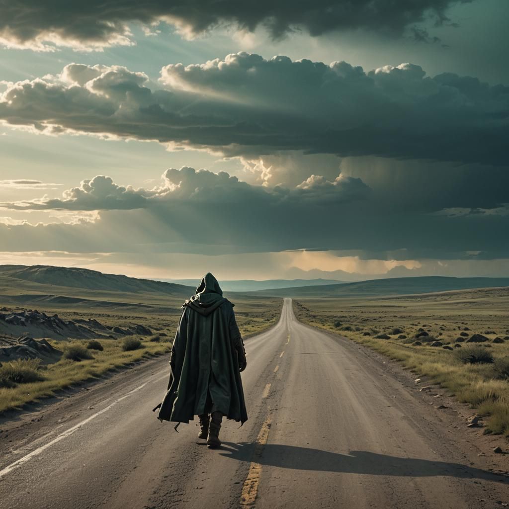Post-Apocalyptic Traveler on Desolate Road