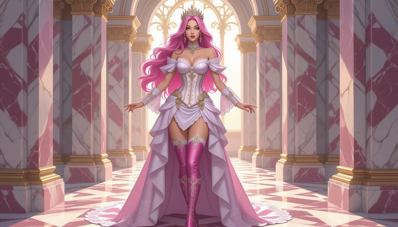 Steampunk Queen in Pastel Magenta and White Gown