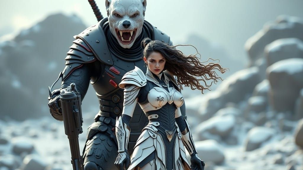 Cyberpunk Warrior in Snowy Ruins with Polar Bear Guardian