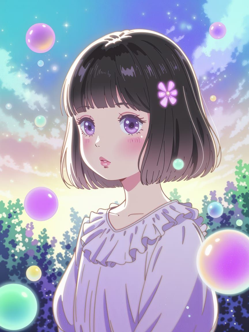 Dreamy Anime Girl Portrait with Glowing Orbs