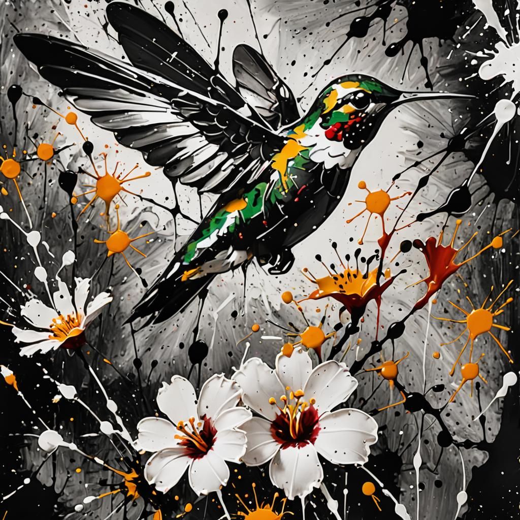 Hummingbird in Black Ink Splatter Art