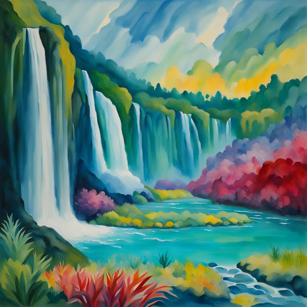 Surreal Waterfall Gouache Impressionist Masterpiece