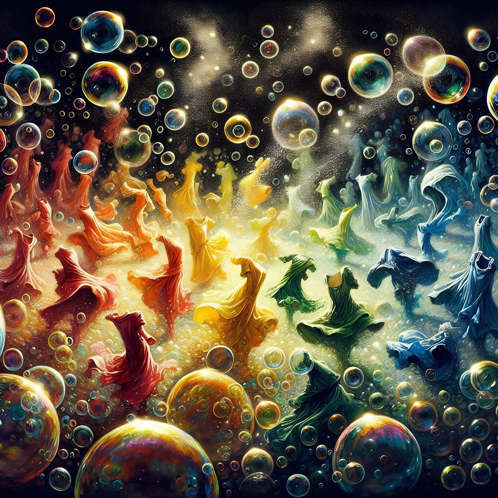 Vibrant Coloured Clothes Dance in Shimmering Bubbles