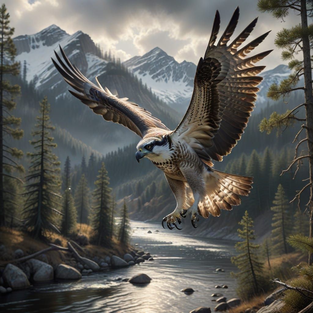 Osprey in Flight Over River Basin as Charcoal Drawing