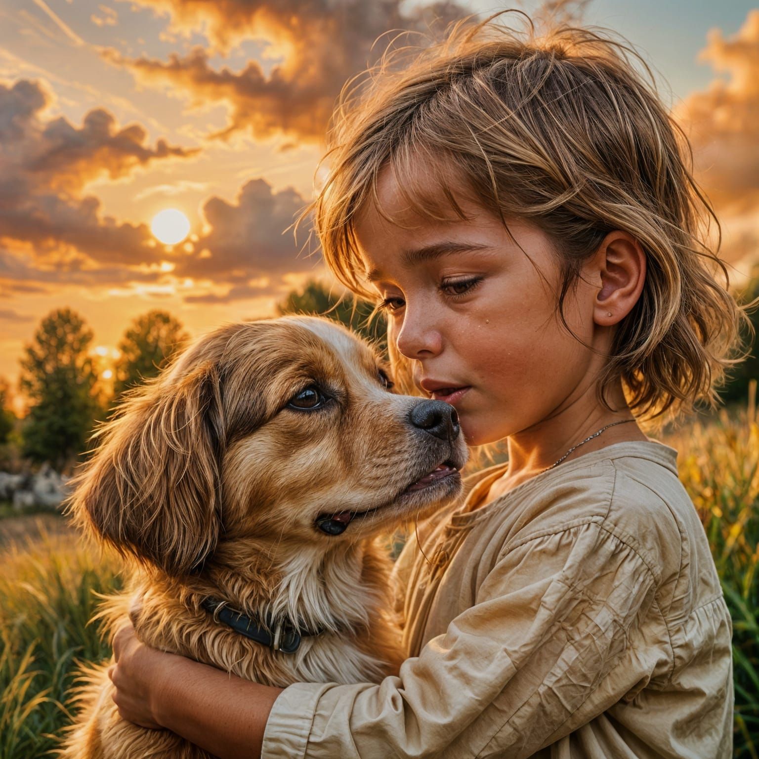 Dog Comforting Crying Child at Sunset