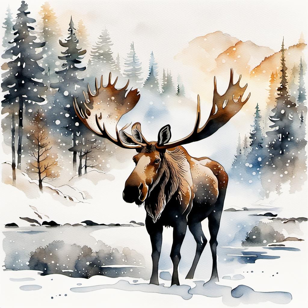 Moose in Winter Forest: Watercolor and Ink