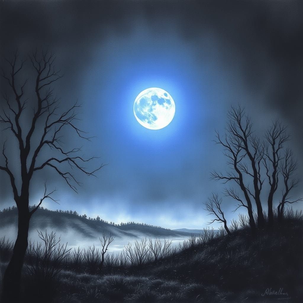 Ethereal Blue Moon Landscape in Charcoal