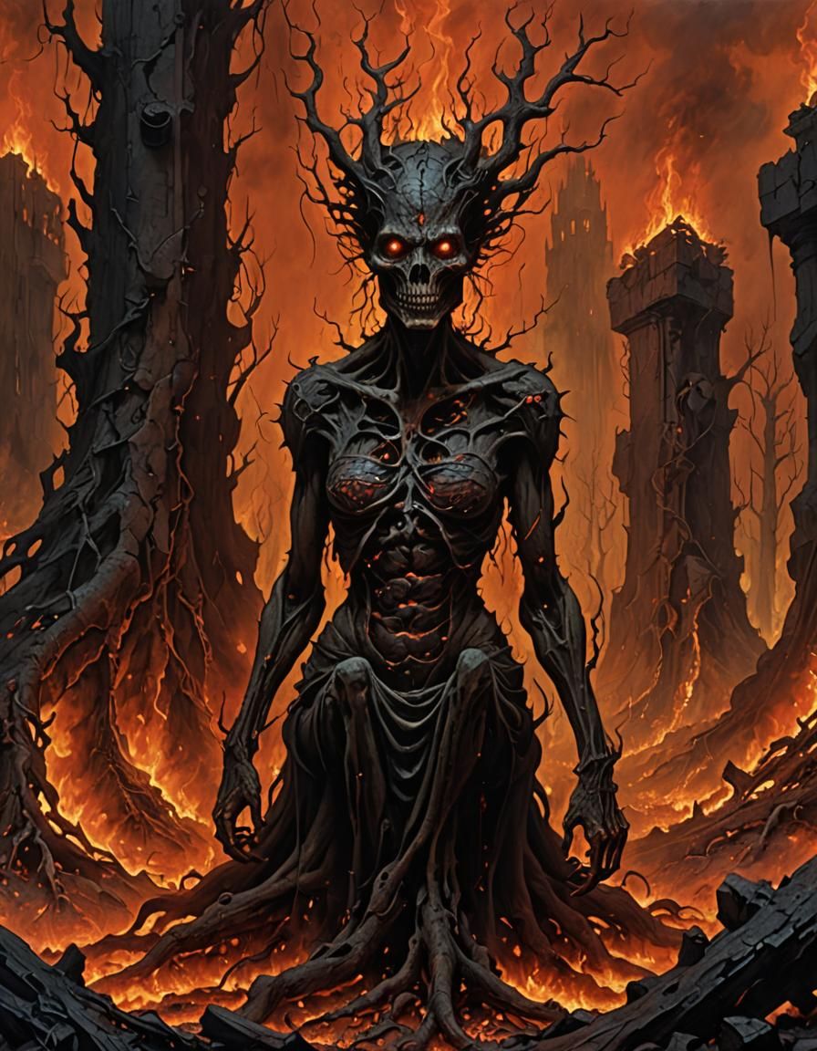 Female Demon Tormenting Souls in Hellscape