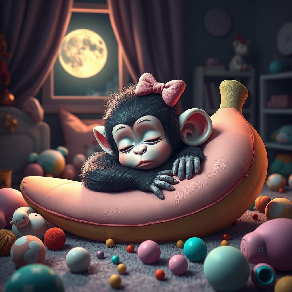 Cute Baby Monkey Slumbers on Pastel-Colored Banana Cushion