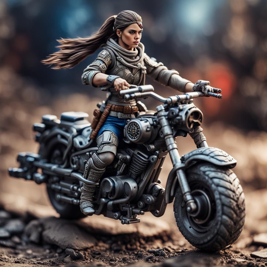 Warrior Girl Action Figure on Motorcycle in War Zone