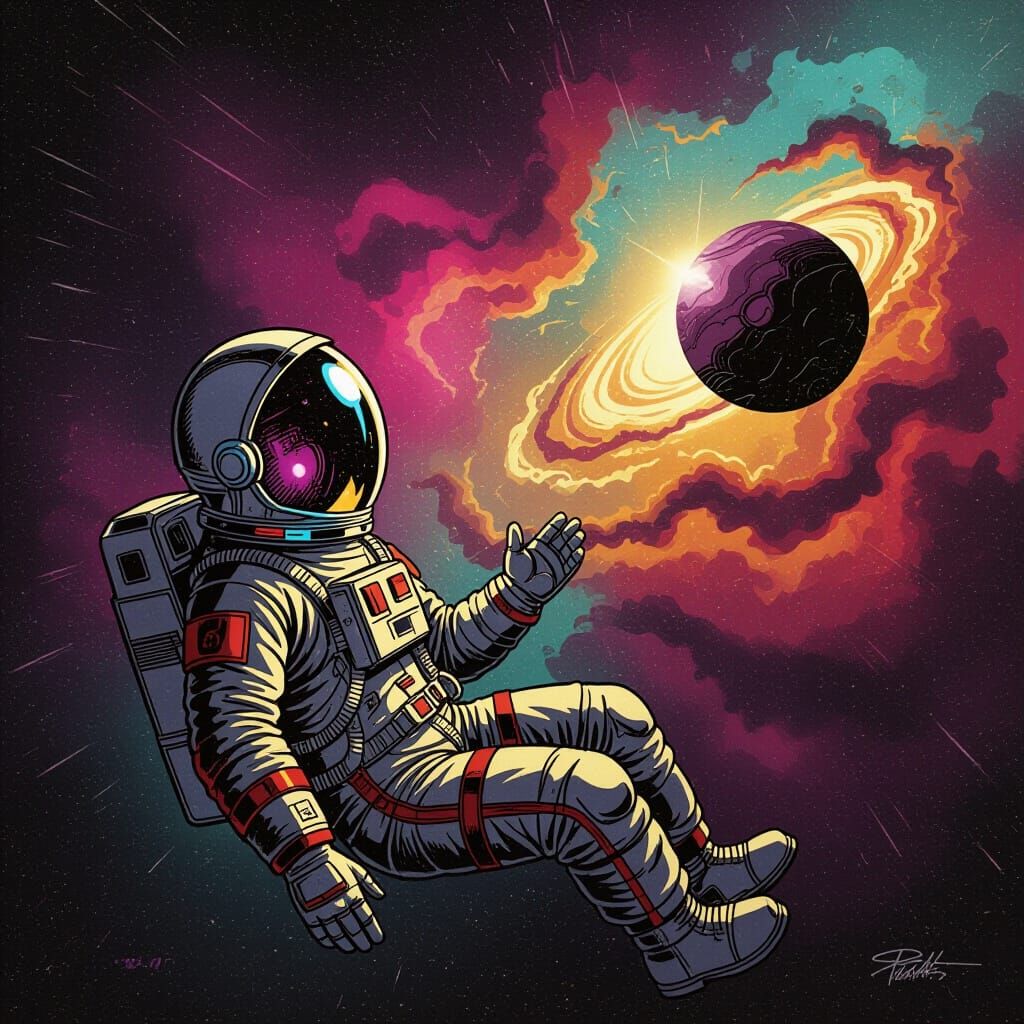 Astronaut Gazes at Vibrant Nebula in Retro Sci-Fi Style