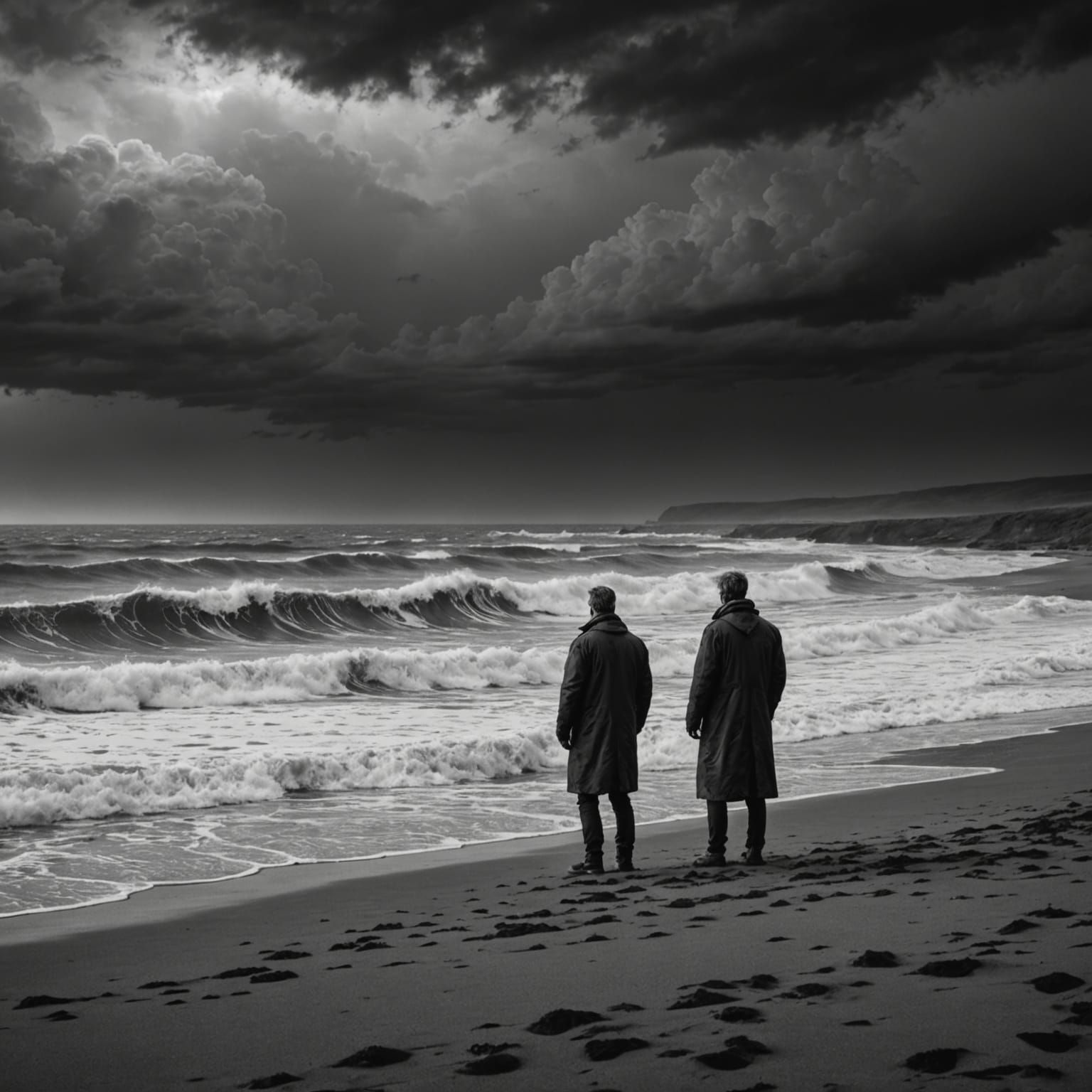 Hyperdetailed Charcoal Drawing of Figure on Stormy Beach