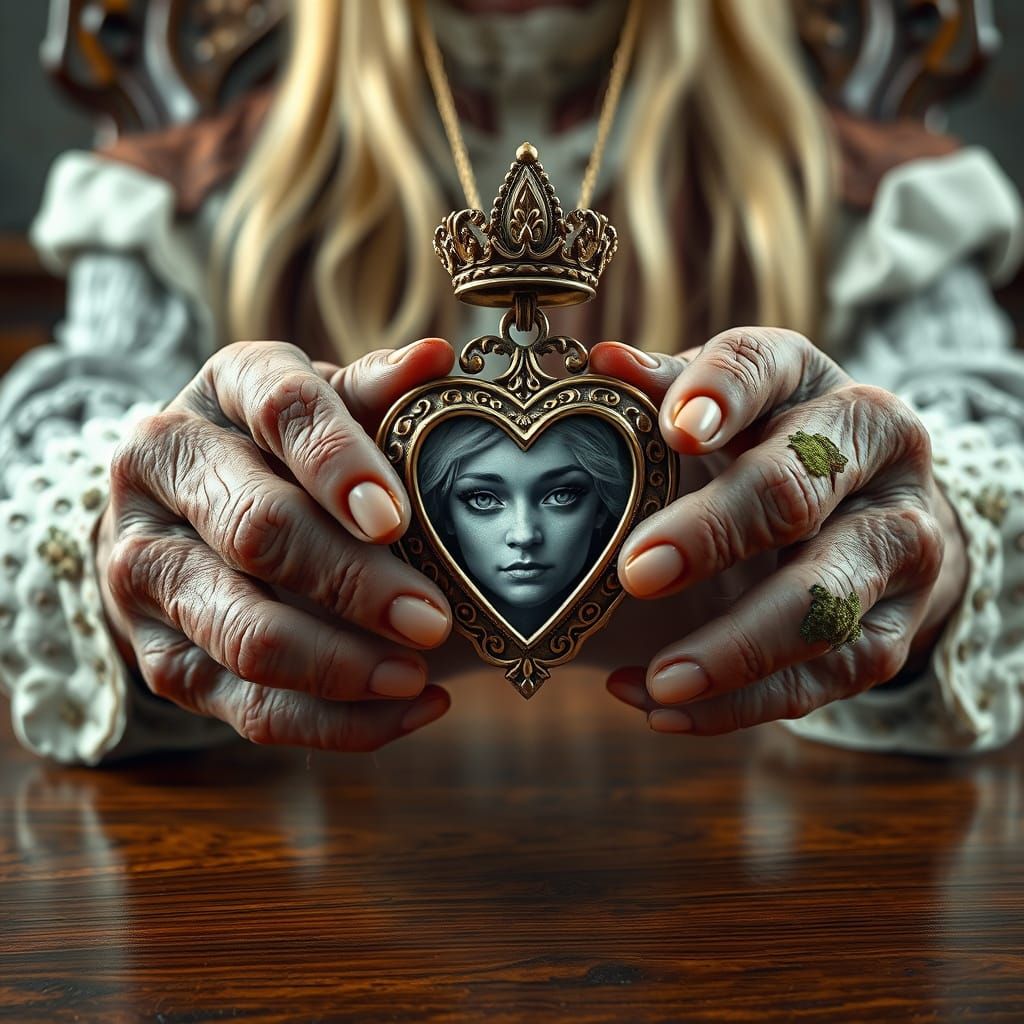 Macro Portrait of Decaying Hands Holding Necklace