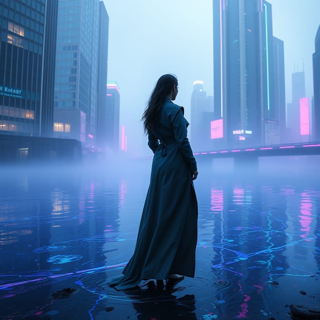 Cyberpunk Woman Gazing at Bioluminescent River