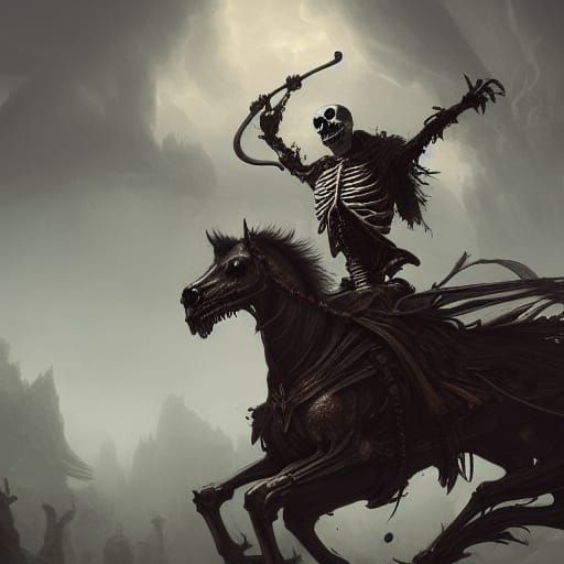 Grinning Skull Skeleton Rides Horse, Dark Fantasy Art