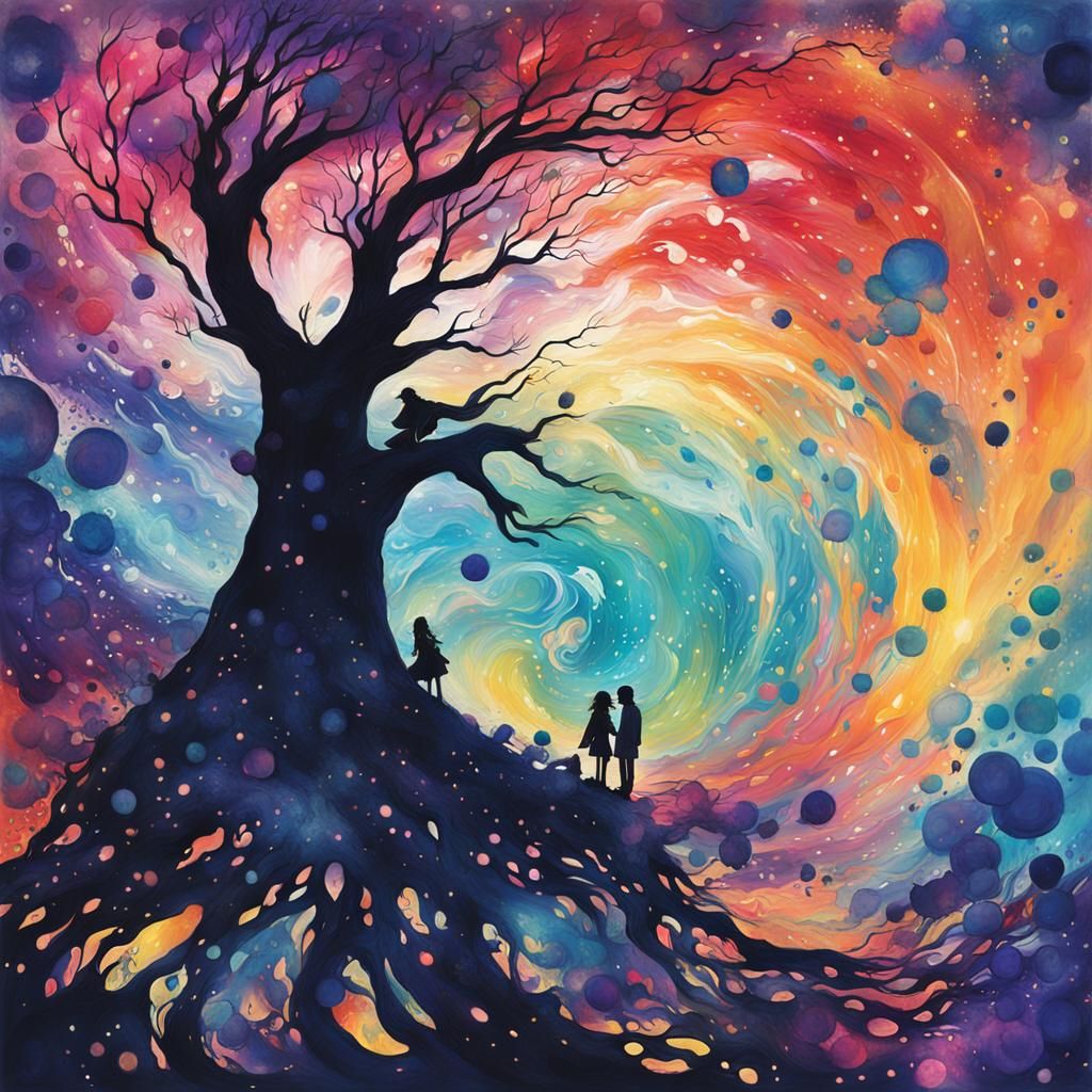 Anime Silhouette Over Acrylic Pour Painting