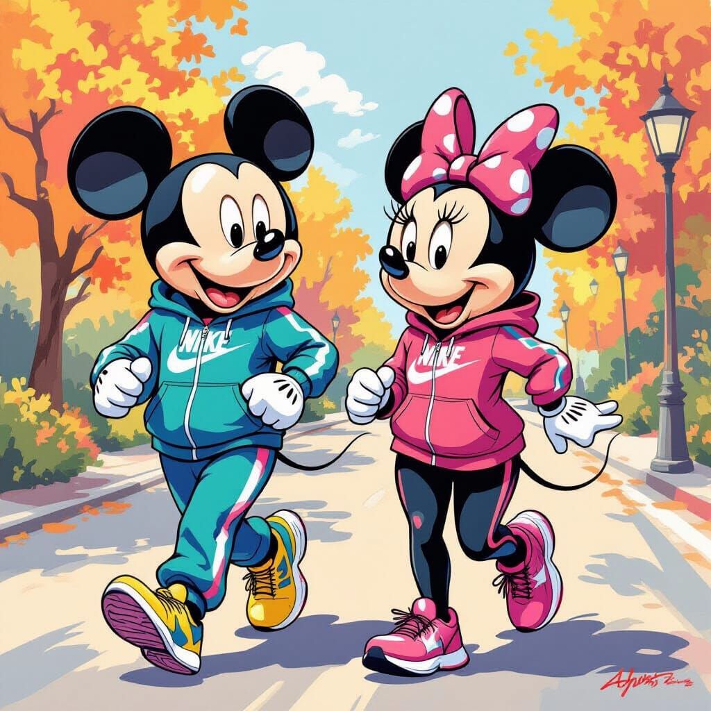 Mickey and Minnie Mouse Jogging in Vibrant Style