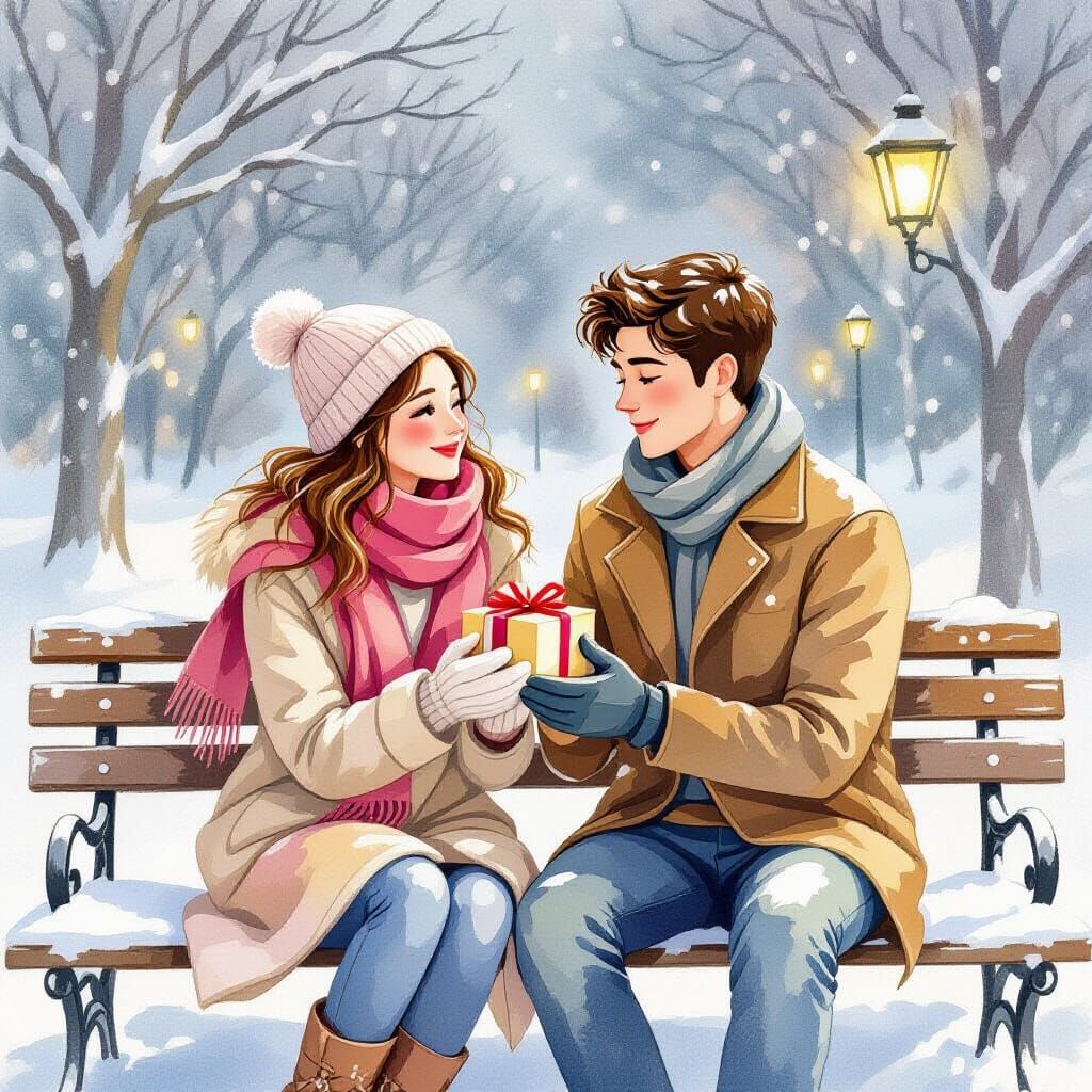 Romantic Winter Scene: Couple with Gift, Watercolor Sketch