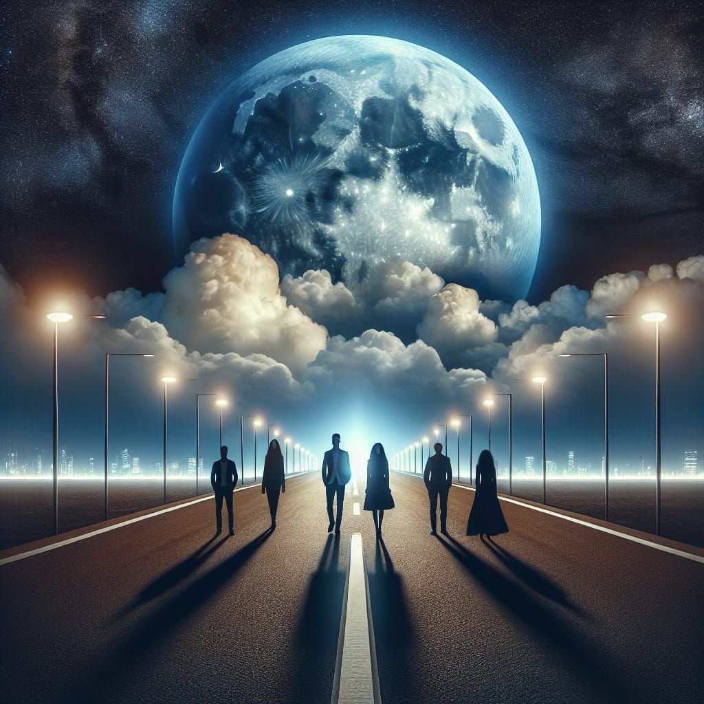 Moonlit Road with Silhouetted Figures Under Night Sky